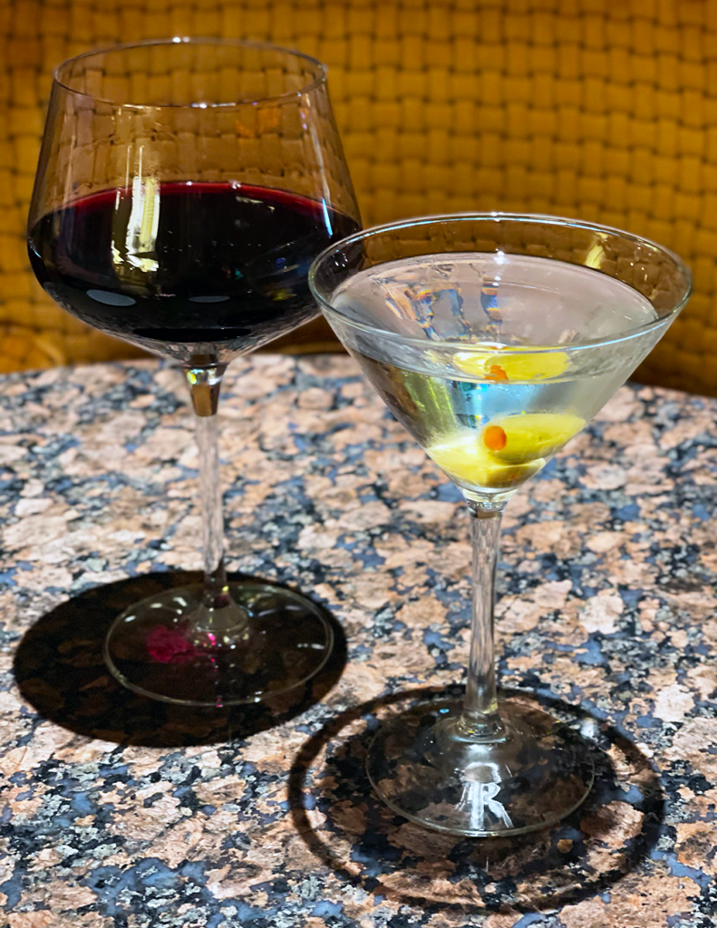 Rombauer Merlot and Titos Martini with two olives at Bistro Napa in the Atlantis Casino Resort Spa