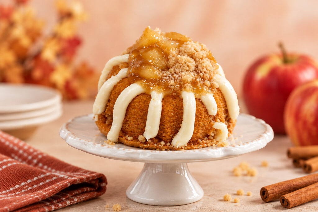 Apple pie bundtlet from Nothing Bundt Cake. Photo of cake by me, background by AI.